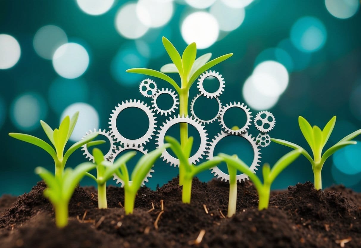A group of interconnected gears symbolizing a supportive network, surrounded by sprouting plants representing innovation and resilience