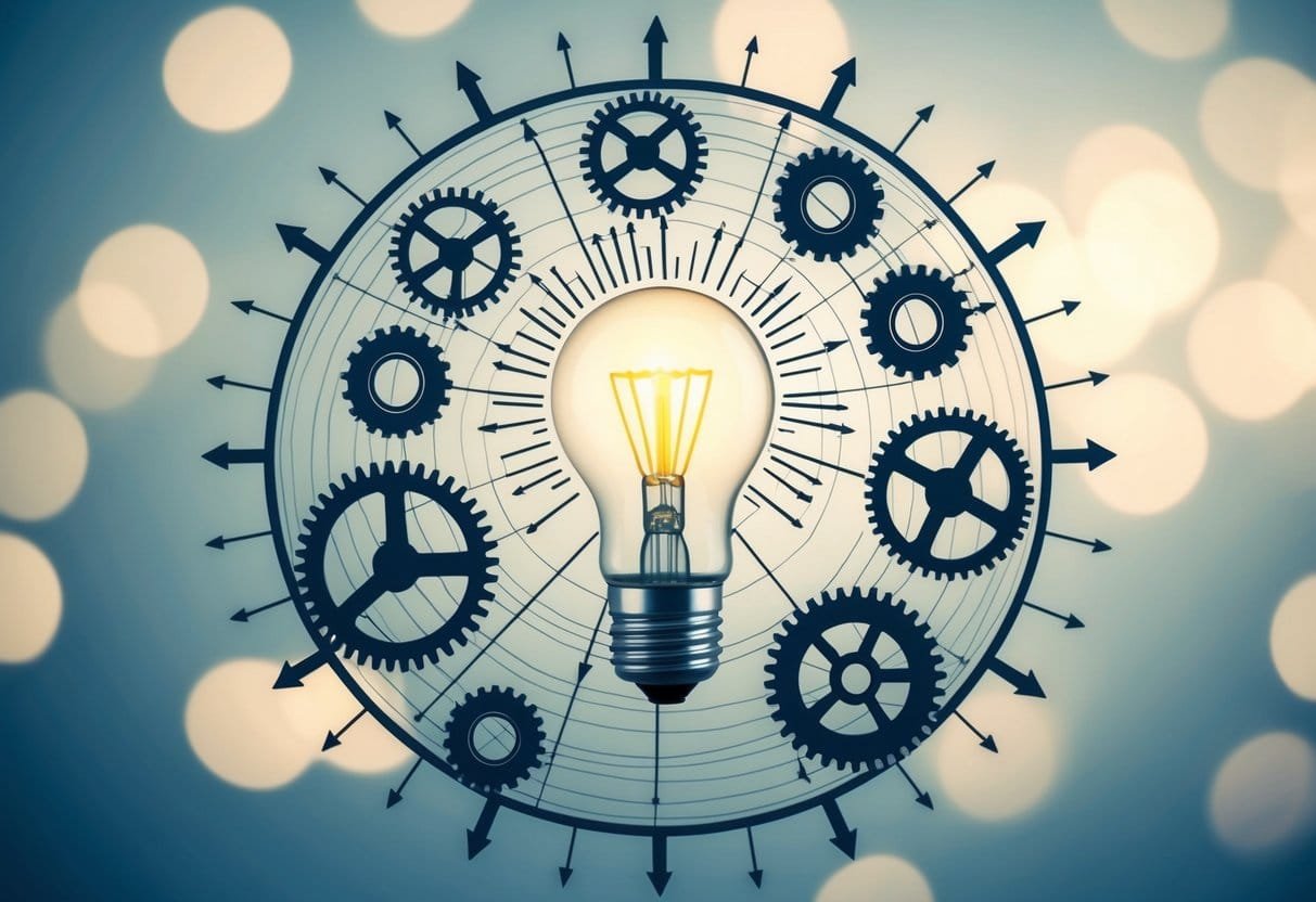 A lightbulb surrounded by a web of interconnected gears and arrows pointing towards it, symbolizing the process of risk management and opportunity recognition in entrepreneurship