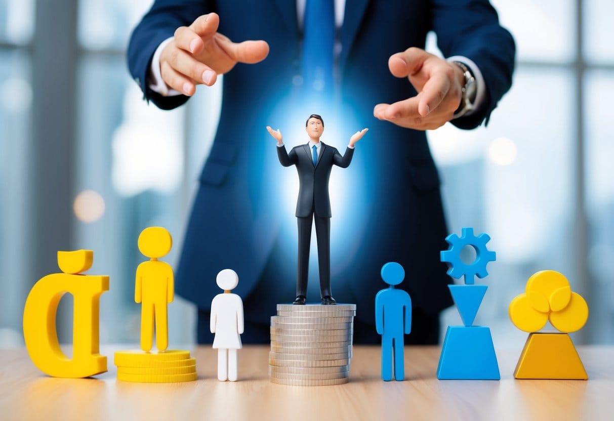 A confident figure standing tall, gesturing with authority and grace, surrounded by symbols of success and collaboration