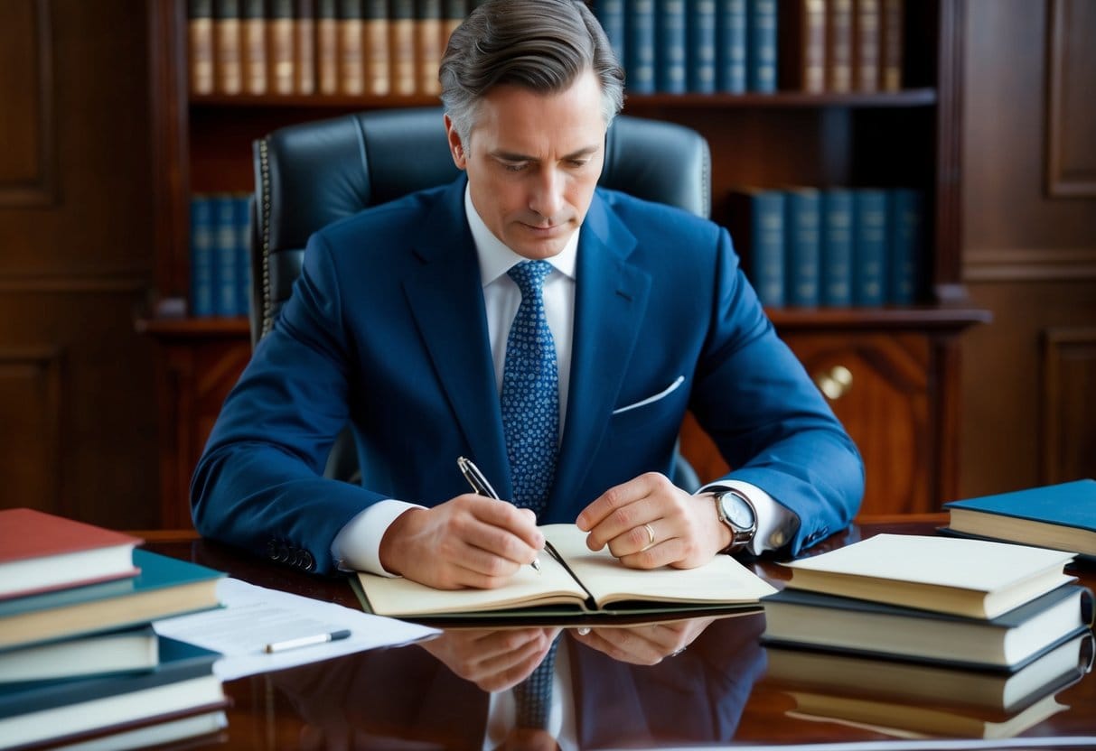A well-dressed figure sits at a polished wooden desk, surrounded by books and papers. They are deep in thought, pen in hand, preparing for a negotiation