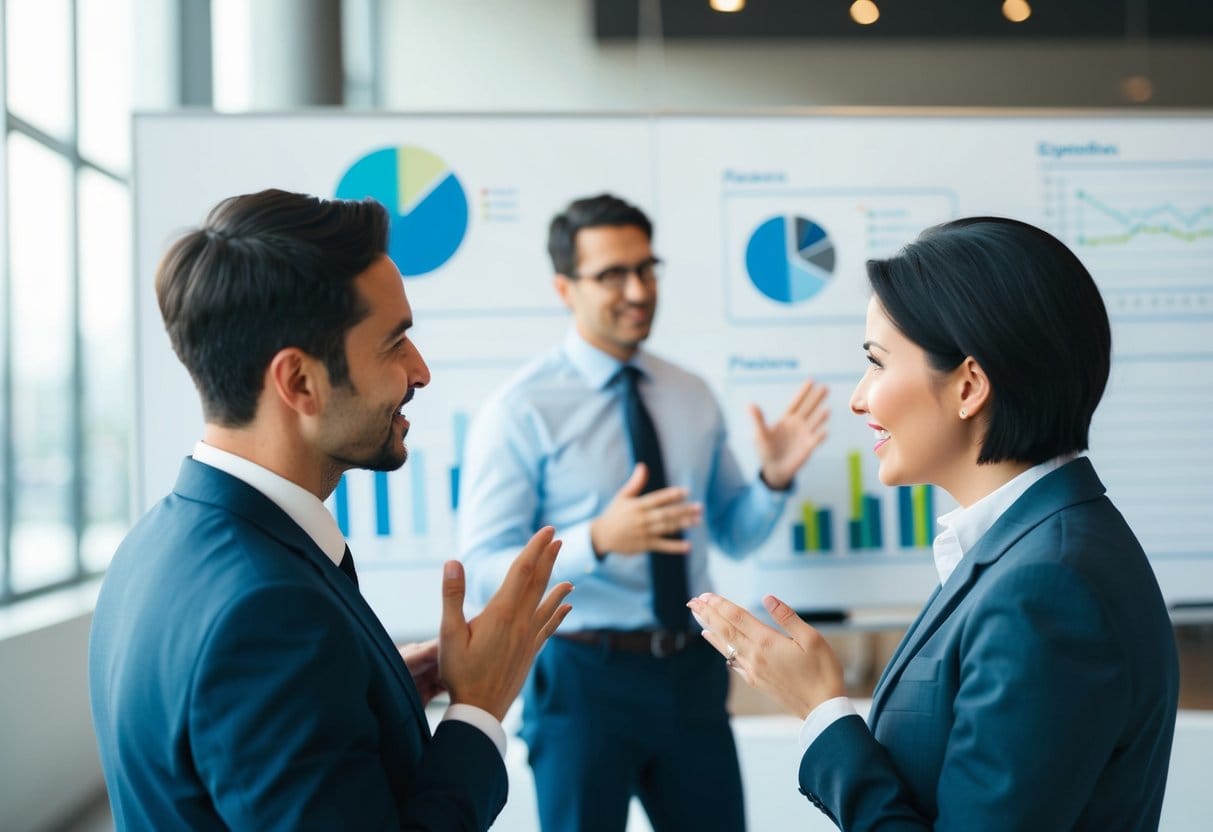 Two individuals facing each other, gesturing and speaking with confidence. A whiteboard with diagrams and charts in the background