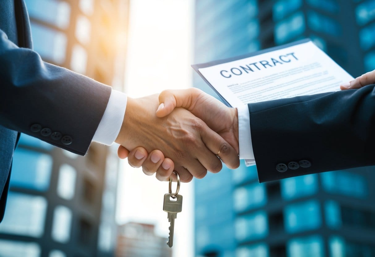 A handshake between two figures, one holding out a key while the other presents a contract, set against a backdrop of a modern office building