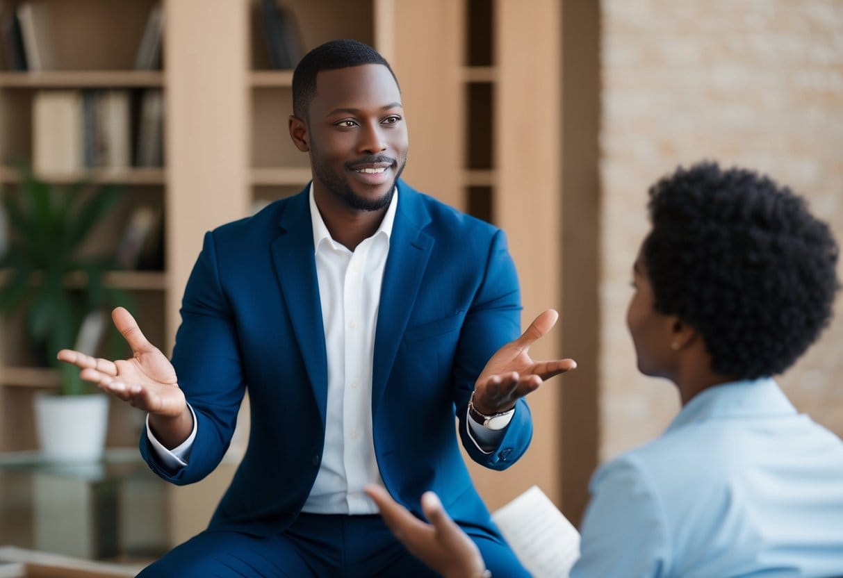 A figure confidently gesturing with open hands, engaging in a persuasive conversation with another figure, both displaying assertive body language