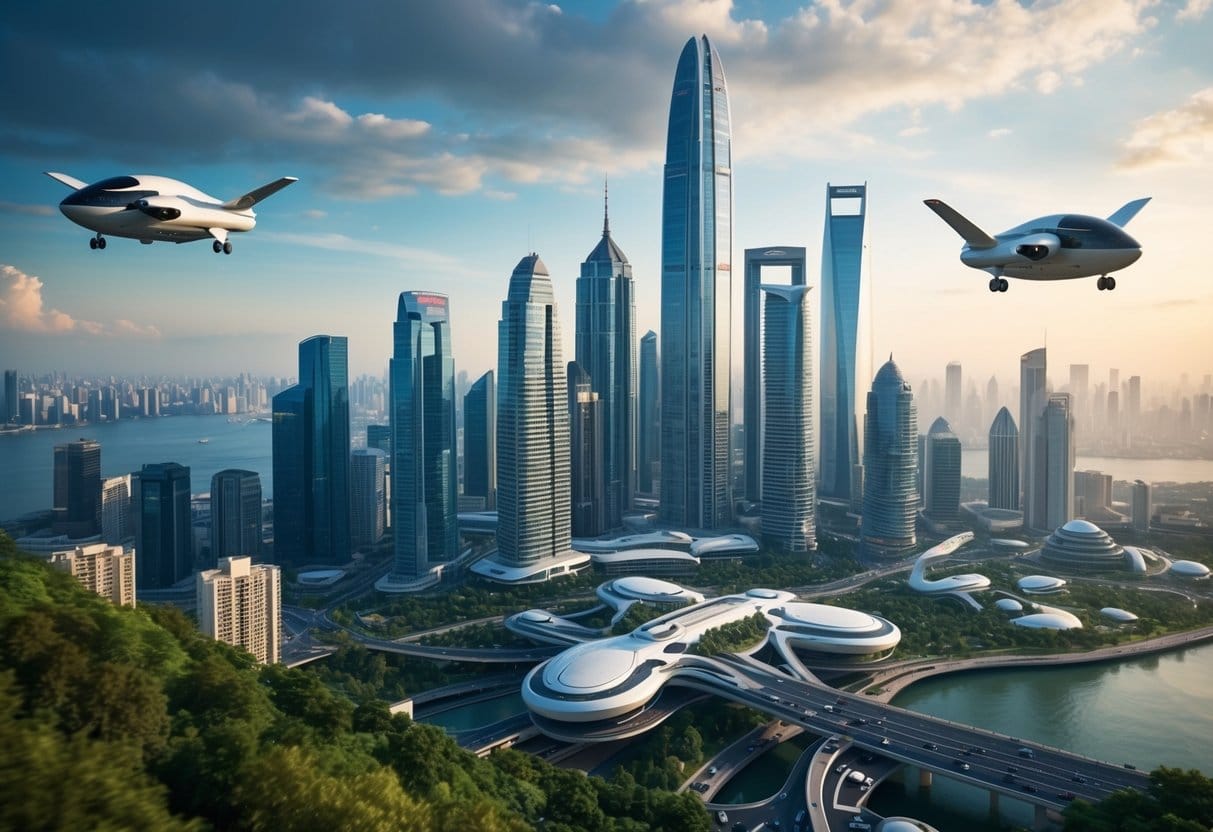 A bustling city skyline with futuristic skyscrapers and flying vehicles, showcasing a blend of technology and nature in the workplace