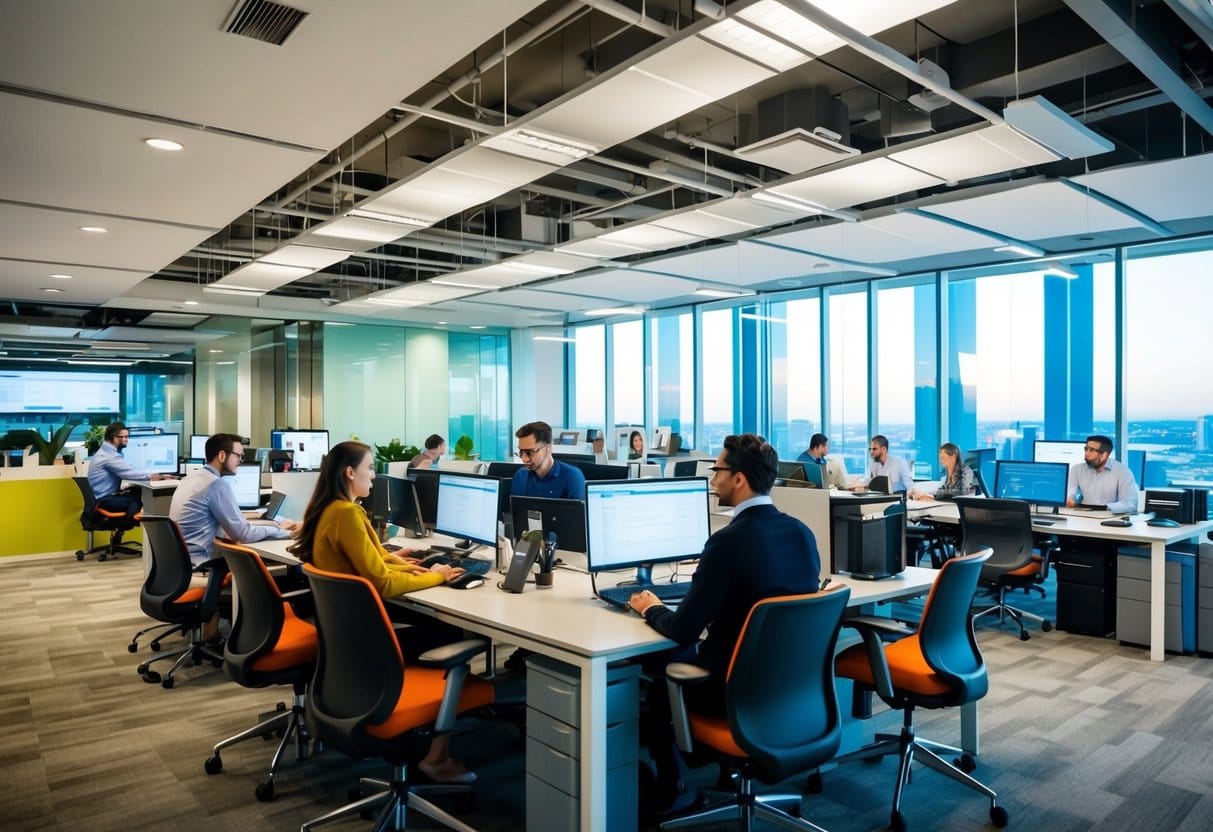 A bustling office space with diverse workstations, collaborative areas, and technology integrated seamlessly into the environment