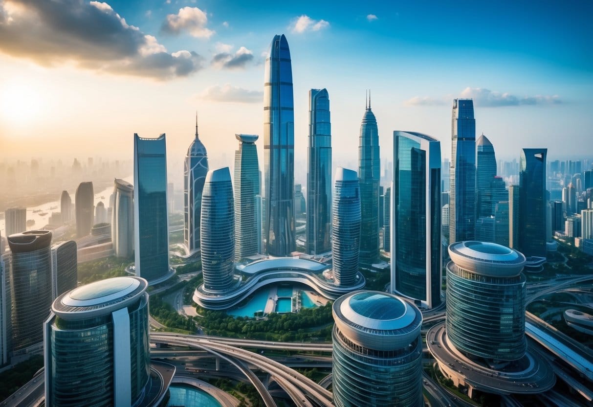 A bustling city skyline with futuristic skyscrapers and advanced transportation systems, showcasing the integration of technology into the workplace