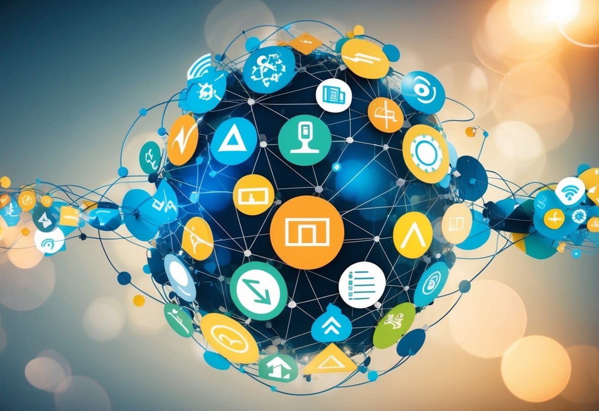 A group of diverse abstract shapes and symbols come together, intertwining and working in unison to create a dynamic and interconnected network