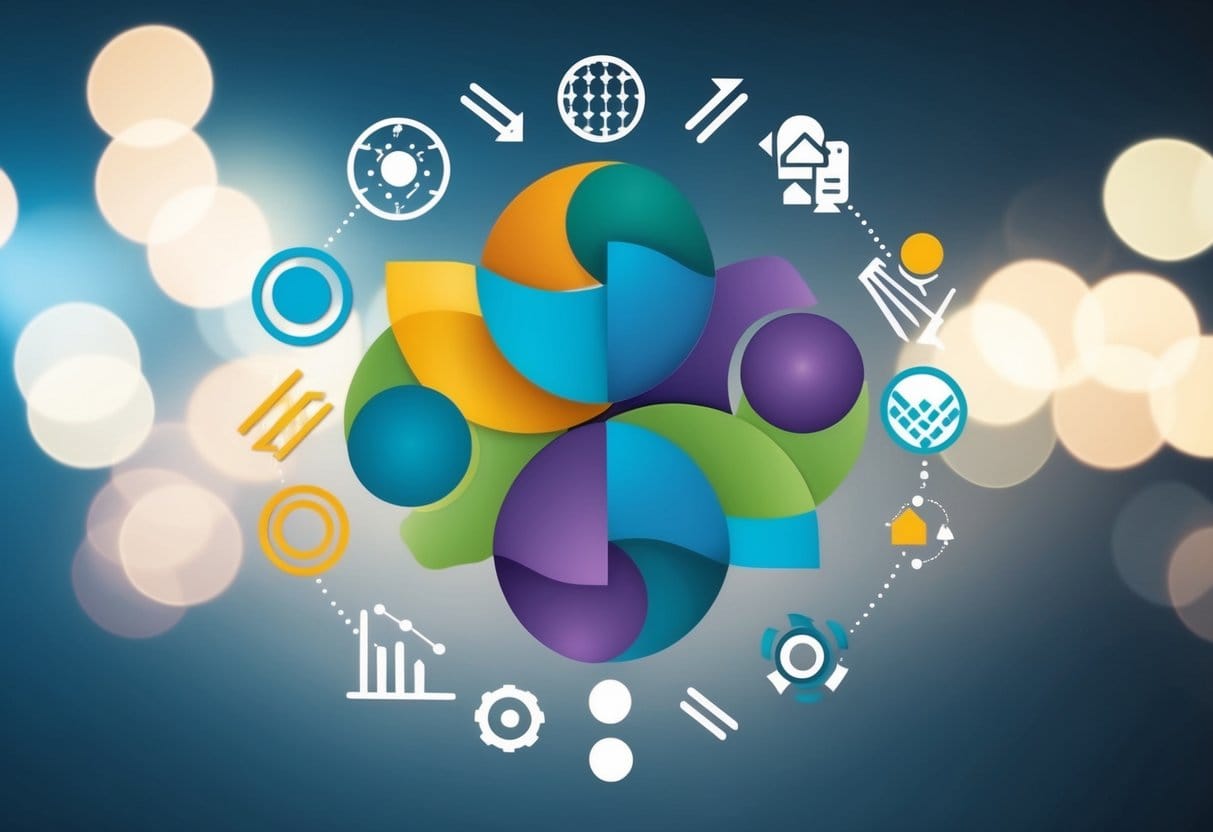 A diverse group of abstract shapes and symbols intertwining and morphing, representing the interconnectedness and adaptability of a resilient work culture