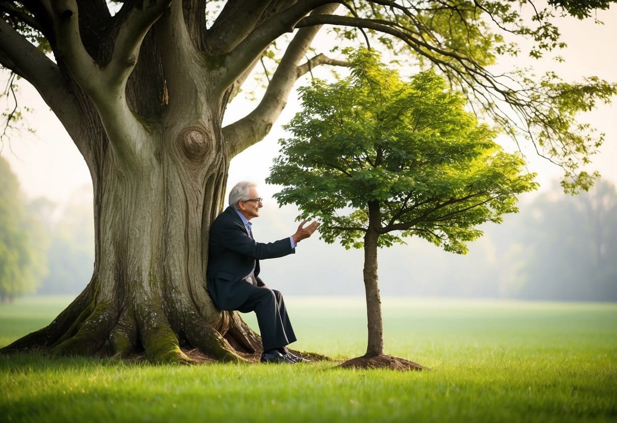 A wise old tree providing shelter and guidance to a young sapling, symbolizing the art of mentorship