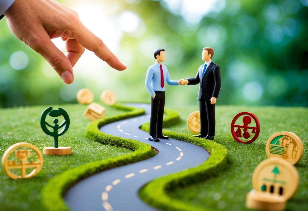 A mentor guiding a protege through a winding path of growth and learning, surrounded by symbols of knowledge and support