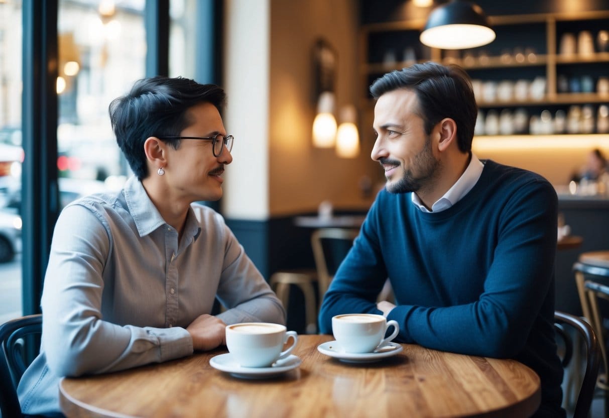 A mentor and mentee sitting in a cozy cafe, engaged in deep conversation over cups of coffee. The mentor is leaning forward, listening intently to the mentee's words