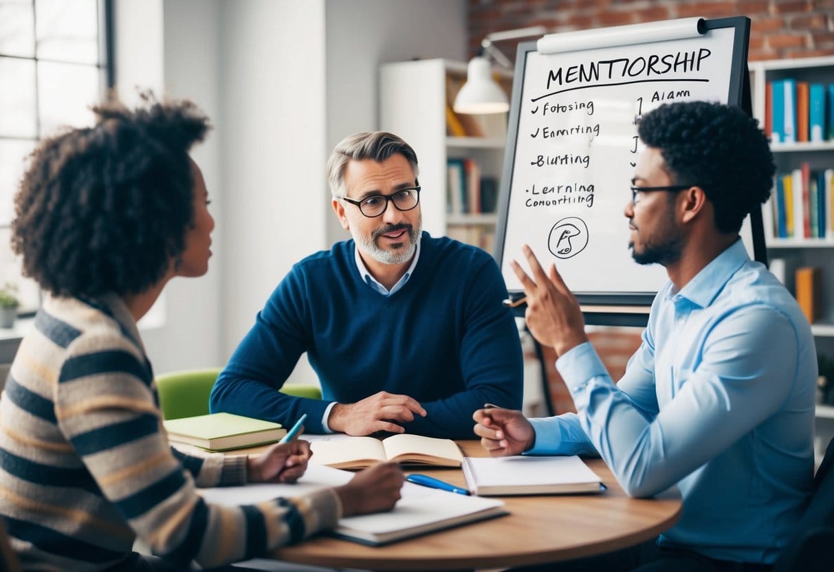 A mentor and mentee engage in focused conversation, surrounded by books and learning materials. A whiteboard displays key mentorship concepts