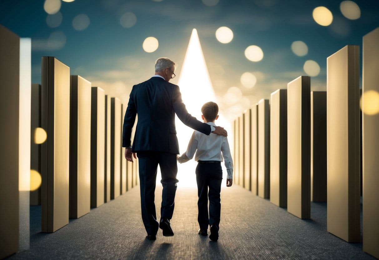 A mentor guiding a protege through a maze of obstacles towards a shining light at the end