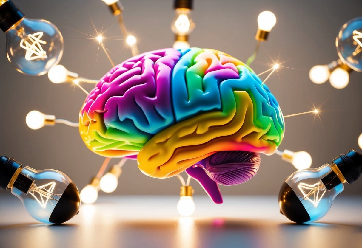 A colorful brain with vibrant neural connections, surrounded by glowing lightbulbs and a positive, uplifting atmosphere