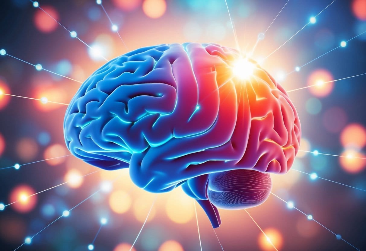 A vibrant brain with interconnected neurons, emitting bright, positive energy