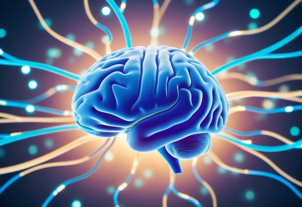 A serene brain surrounded by vibrant neural pathways, with positive thoughts flowing in and negative ones being redirected