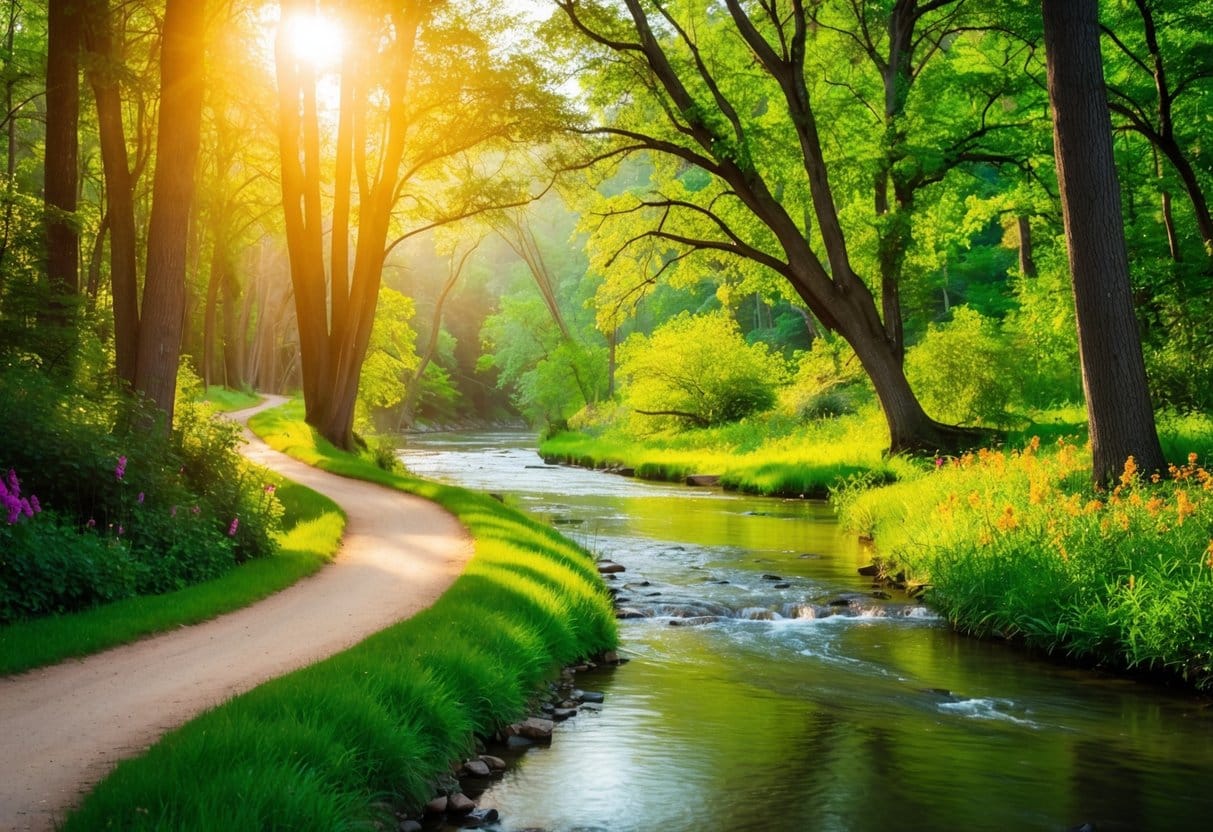 A serene forest with a winding path, sunlight filtering through the trees, and a calm river flowing nearby, surrounded by vibrant greenery and colorful flowers