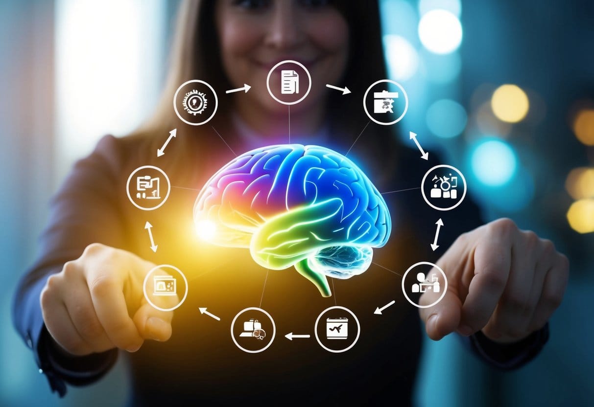 A colorful brain surrounded by glowing neural pathways and positive symbols, with arrows pointing towards productivity-related concepts