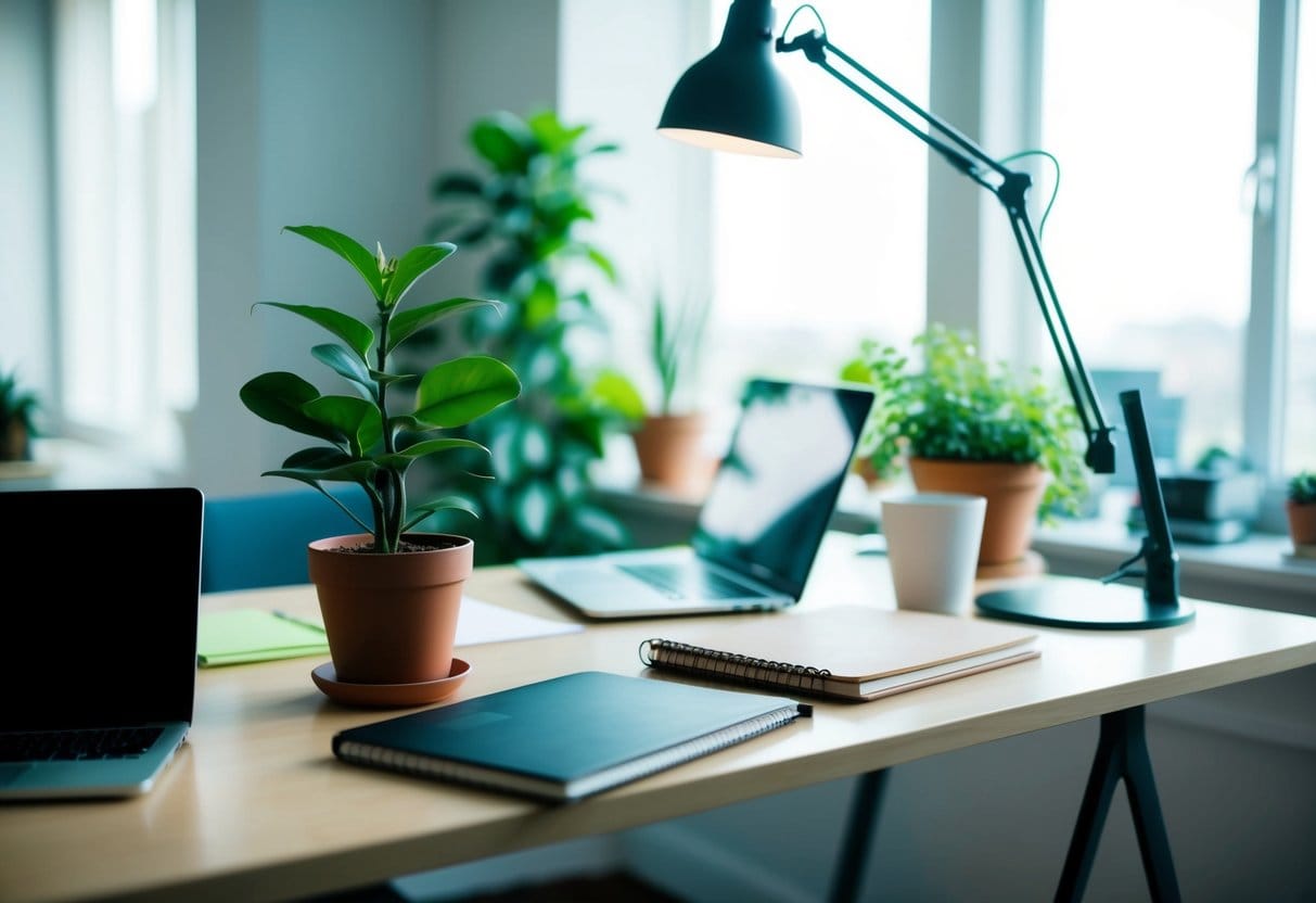 A clutter-free workspace with a potted plant, natural light, and a neatly organized desk with a laptop and notebook