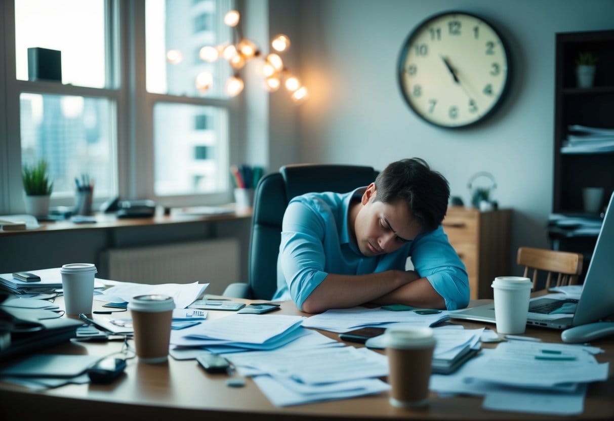 A cluttered desk with scattered papers, empty coffee cups, and a stressed-out atmosphere. A clock shows late hours, and a person slumps in their chair