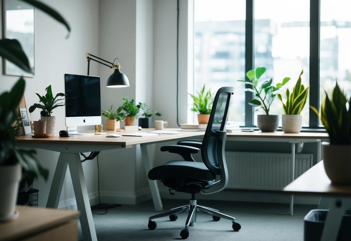 A clutter-free workspace with natural light, plants, and ergonomic furniture. A balance between organization and comfort to promote sustainable productivity