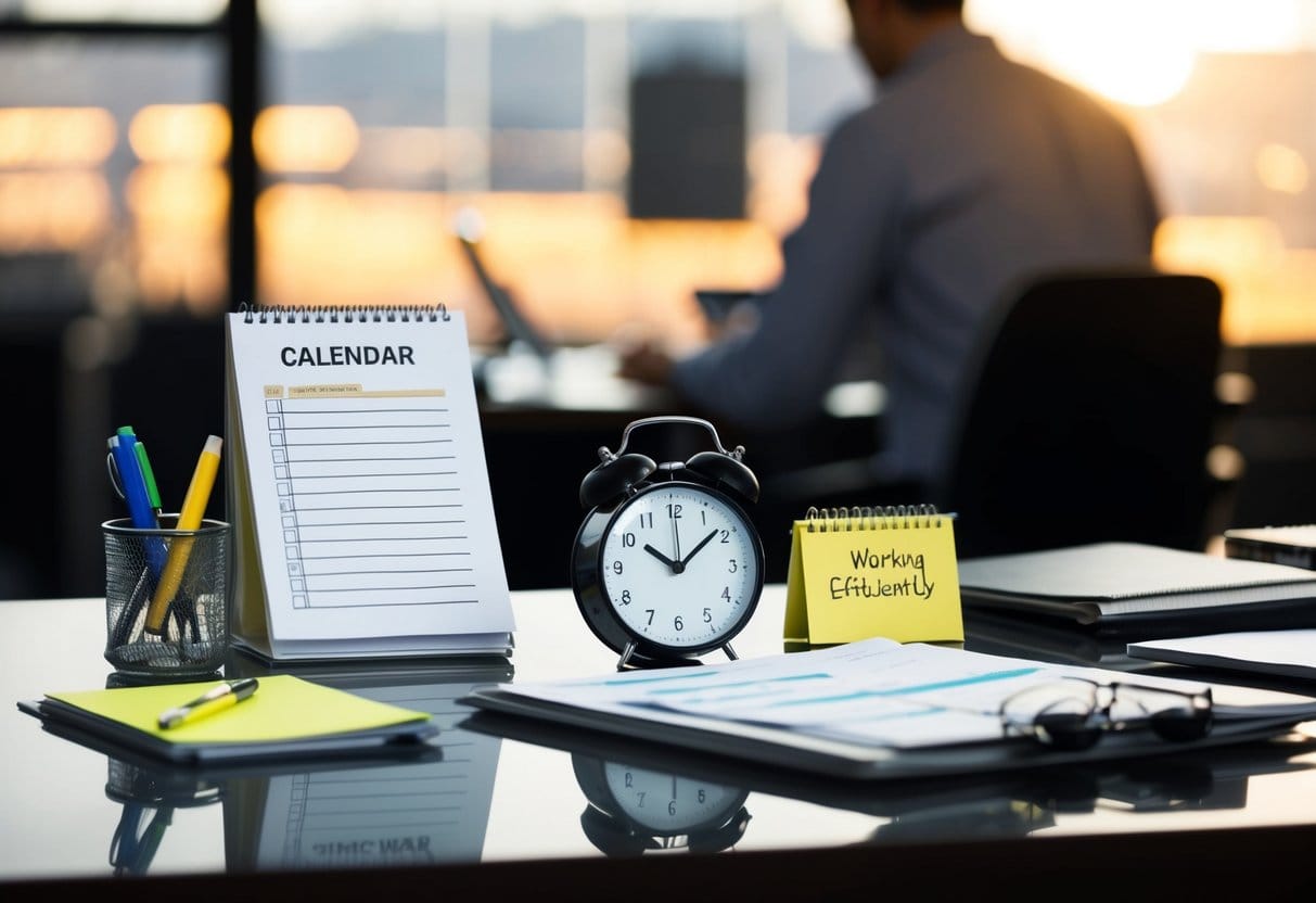 A clutter-free desk with a calendar, clock, and to-do list. A person's silhouette in the background, working efficiently