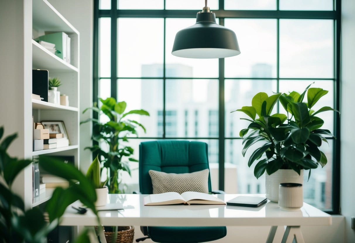 A serene office space with a clutter-free desk, a cozy reading nook, and a lush green plant to evoke a calm and productive environment