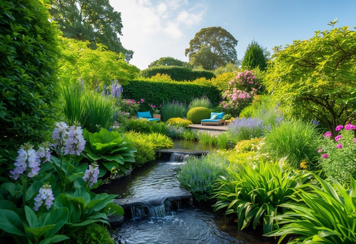 A serene garden with lush greenery, a flowing stream, and a peaceful meditation area surrounded by blooming flowers