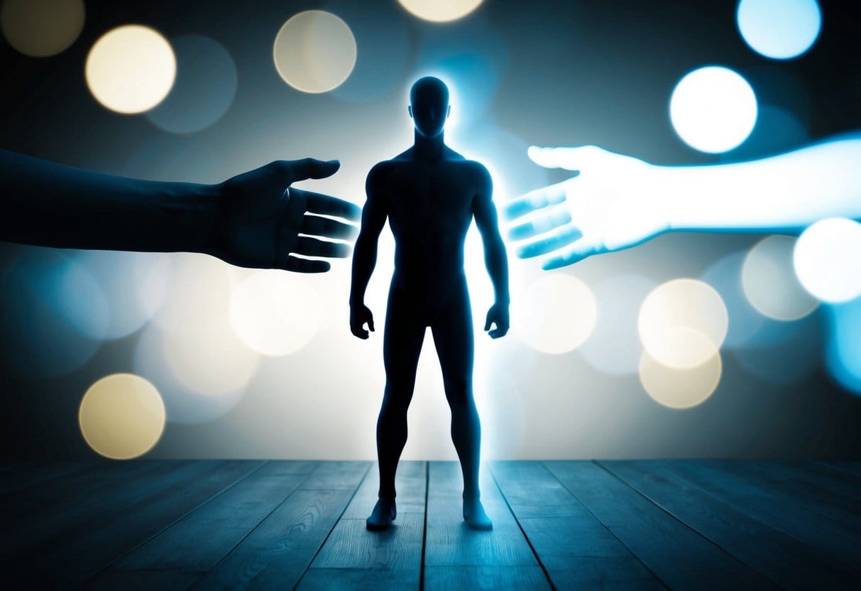 A figure transforms from a dark, critical presence into a bright, supportive one, symbolizing the shift from negative self-talk to positive self-encouragement