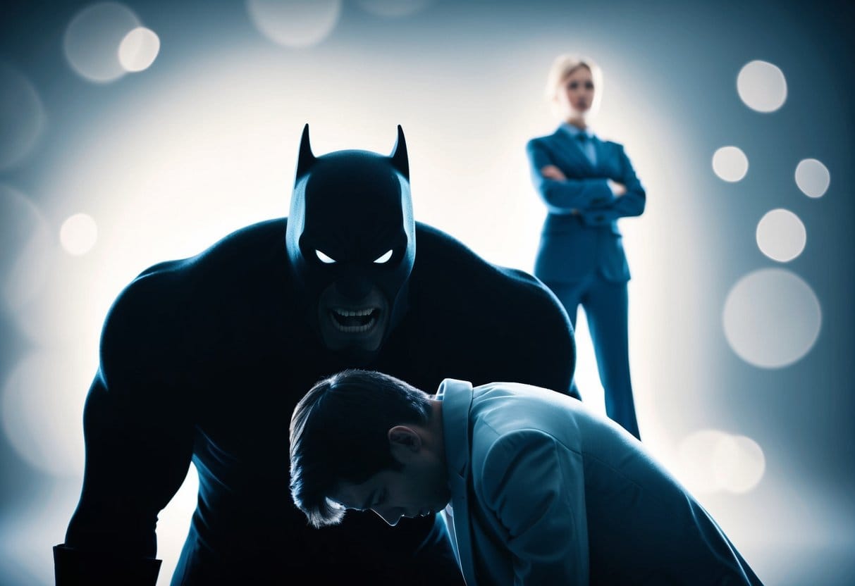 A shadowy figure looms over a smaller, cowering figure. The larger figure has a menacing expression, while the smaller figure looks defeated. In the background, a brighter, more encouraging figure stands confidently, offering support