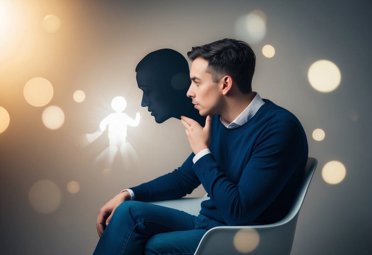 A person sitting in a chair, with a shadowy figure whispering negative thoughts in one ear, while a brighter, more encouraging figure speaks in the other ear