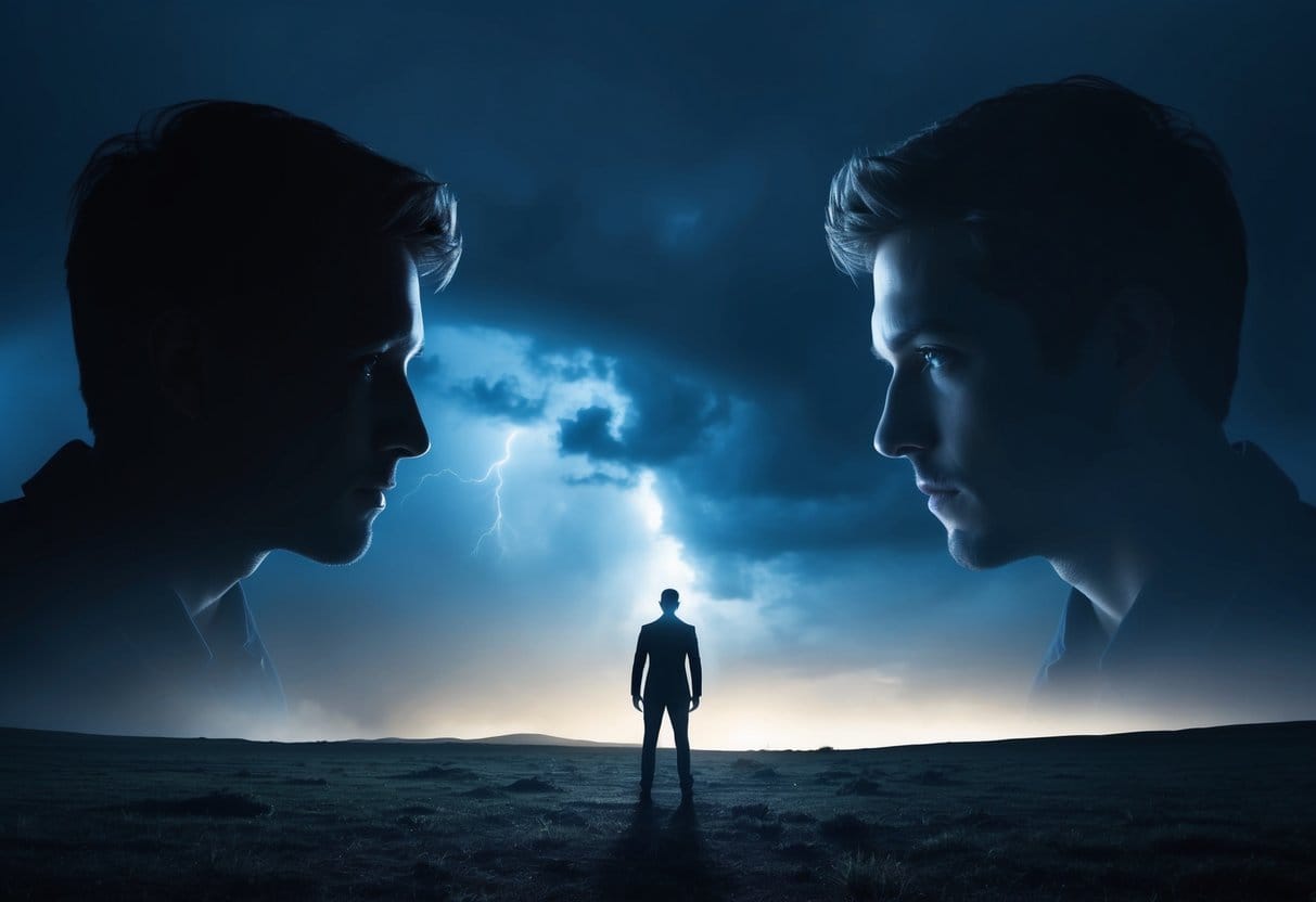 A figure stands in a dark, stormy landscape, with a shadowy, critical version of themselves on one side and a brighter, supportive version on the other