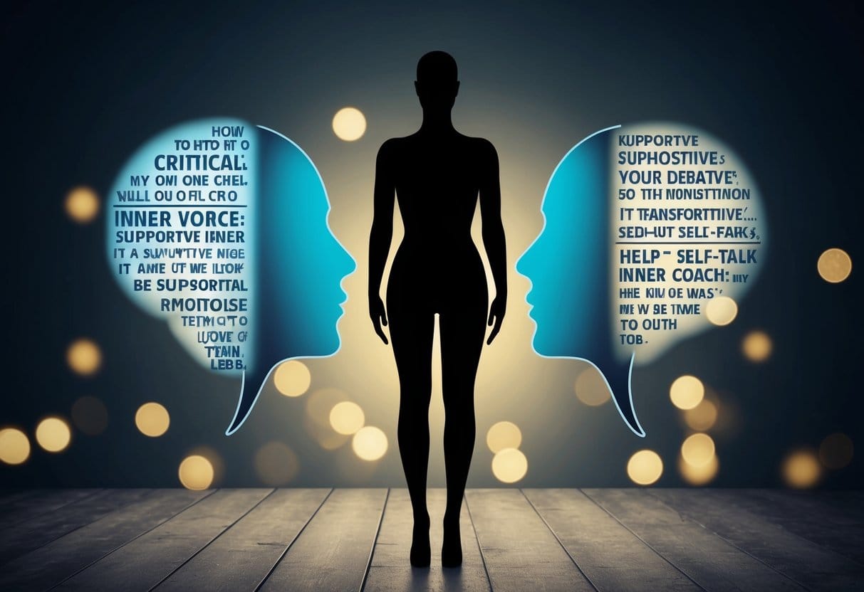 A figure silhouetted against a dark background, with one side showing a critical inner voice and the other side showing a supportive inner coach, symbolizing the transformation of negative self-talk