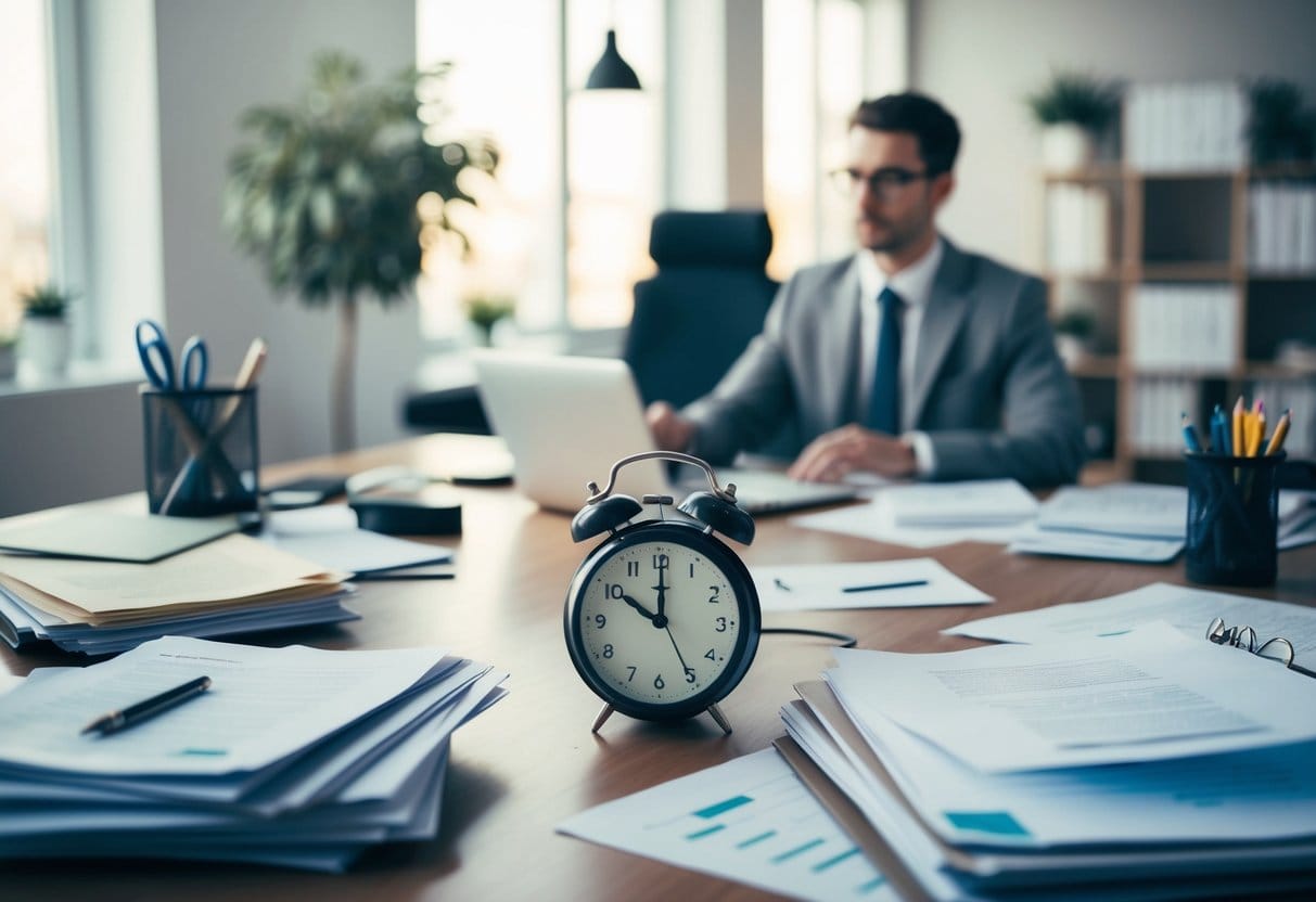 A cluttered desk with scattered papers, a ticking clock, and a clear path leading to a neatly organized workspace with a focused individual