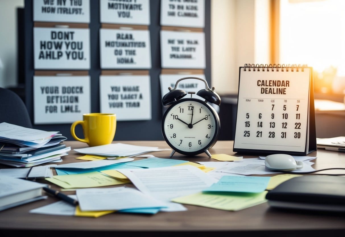 A cluttered desk with scattered papers and a clock ticking in the background, surrounded by motivational quotes and a clear path leading towards a calendar with marked deadlines
