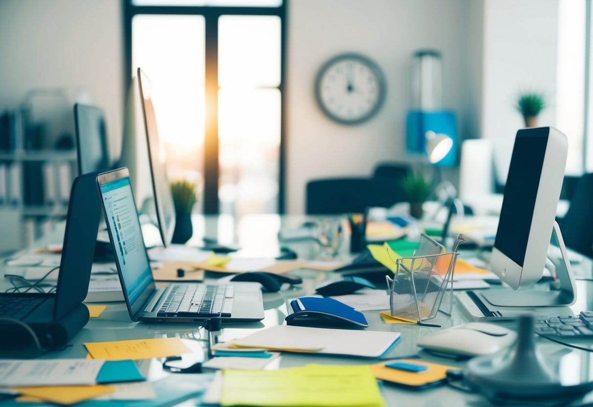 A cluttered desk with a mix of unfinished tasks and distractions, a clock ticking in the background, and a clear path leading towards a bright, organized workspace