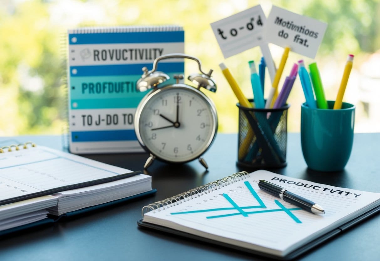A desk with a planner, clock, and crossed-out to-do list, surrounded by motivational quotes and symbols of productivity