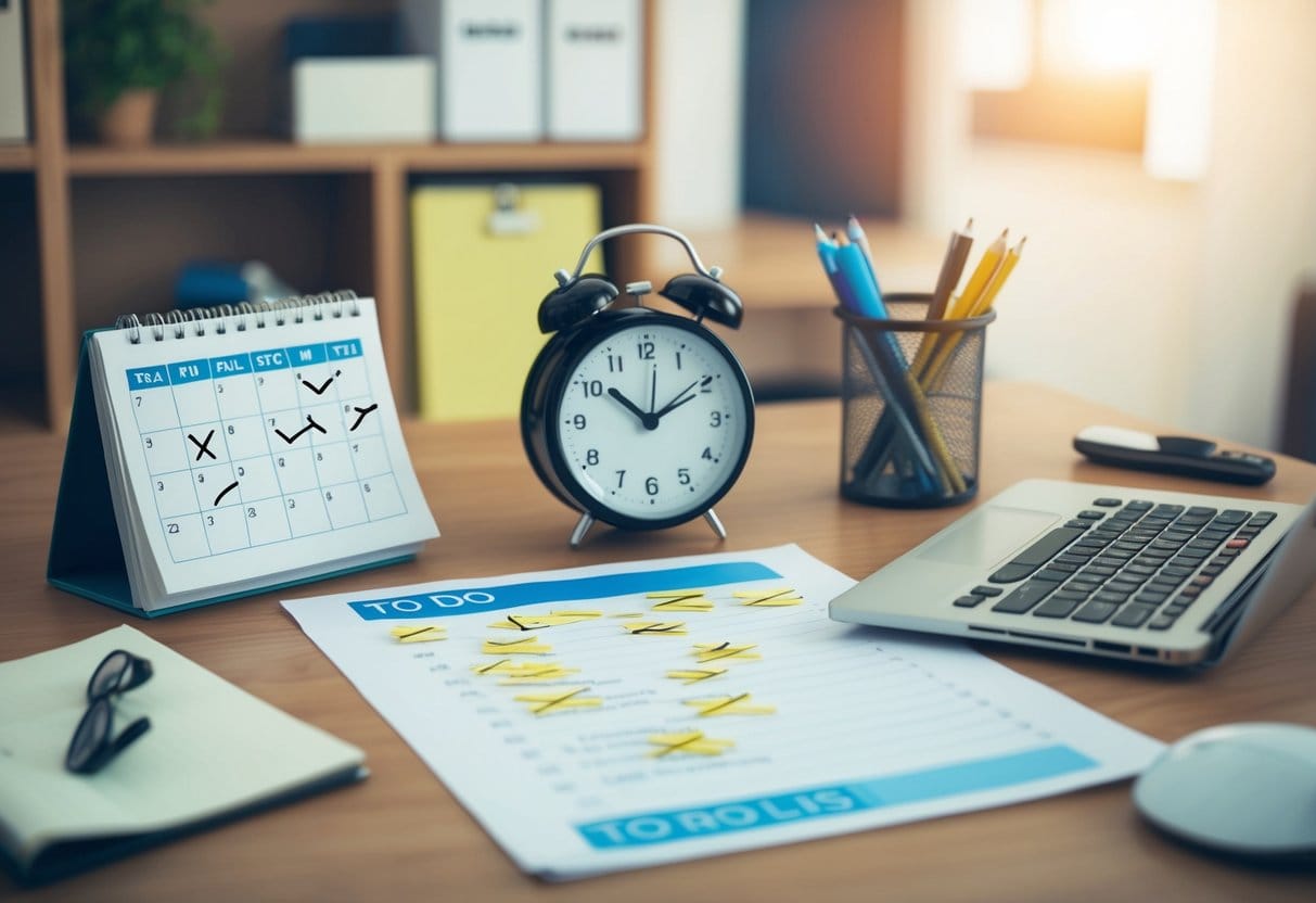 A cluttered desk with a calendar, clock, and to-do list, surrounded by crossed-out tasks and a clear path to an organized, efficient workspace