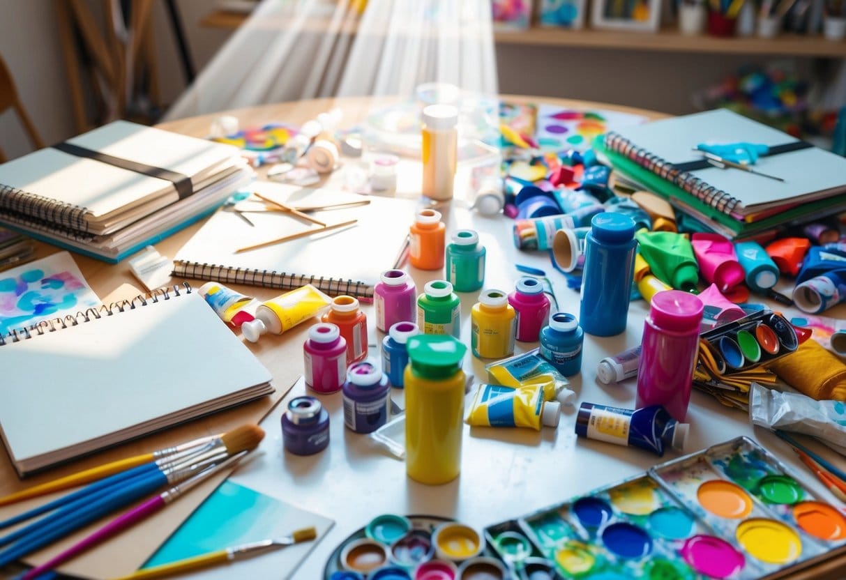 A colorful array of art supplies scattered on a table, surrounded by sketchbooks, paintbrushes, and vibrant paint tubes. A beam of natural light illuminates the creative space