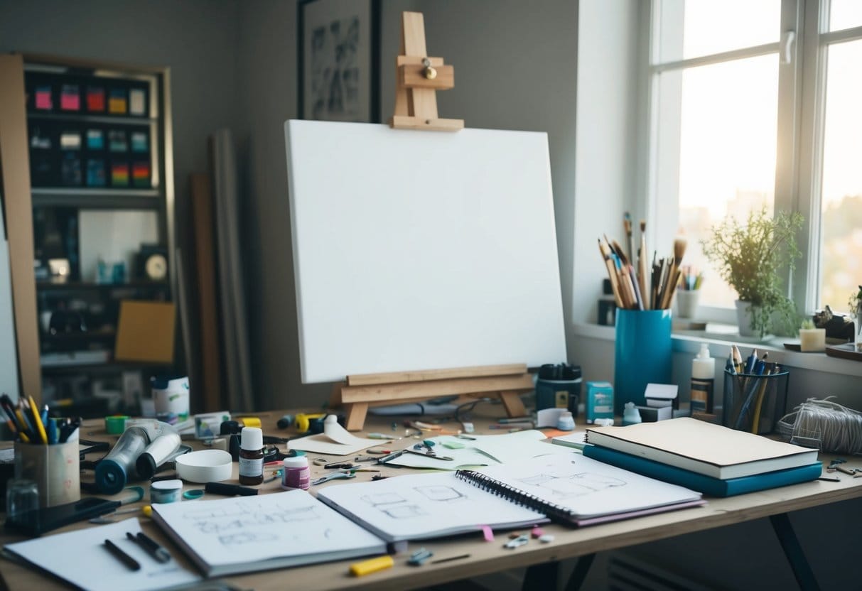 A cluttered desk with scattered art supplies, a blank canvas, and a notebook filled with sketches and ideas representing Unleash Creativity. A window lets in natural light, illuminating the space