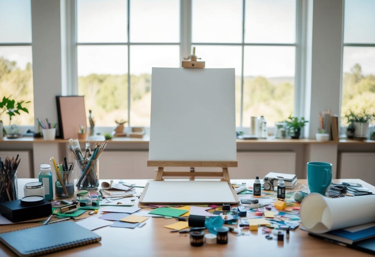 A cluttered desk with scattered art supplies, a blank canvas, and a brainstorming journal. A light-filled room with large windows and a view of nature