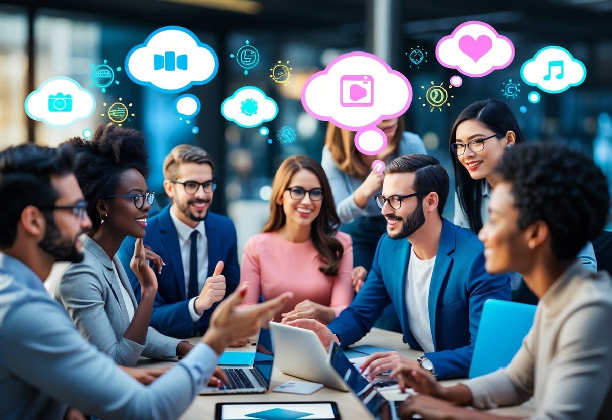 A group of diverse avatars engage in a virtual brainstorming session, sharing ideas and collaborating on a digital platform. Colorful thought bubbles and creative sparks fill the virtual space