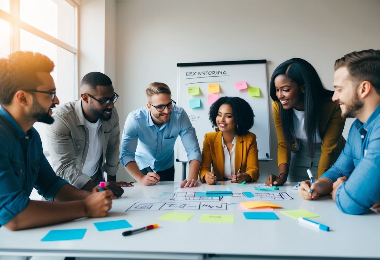 A group of diverse individuals collaborate around a table, brainstorming ideas and sketching concepts on a whiteboard. Post-it notes and markers are scattered across the surface