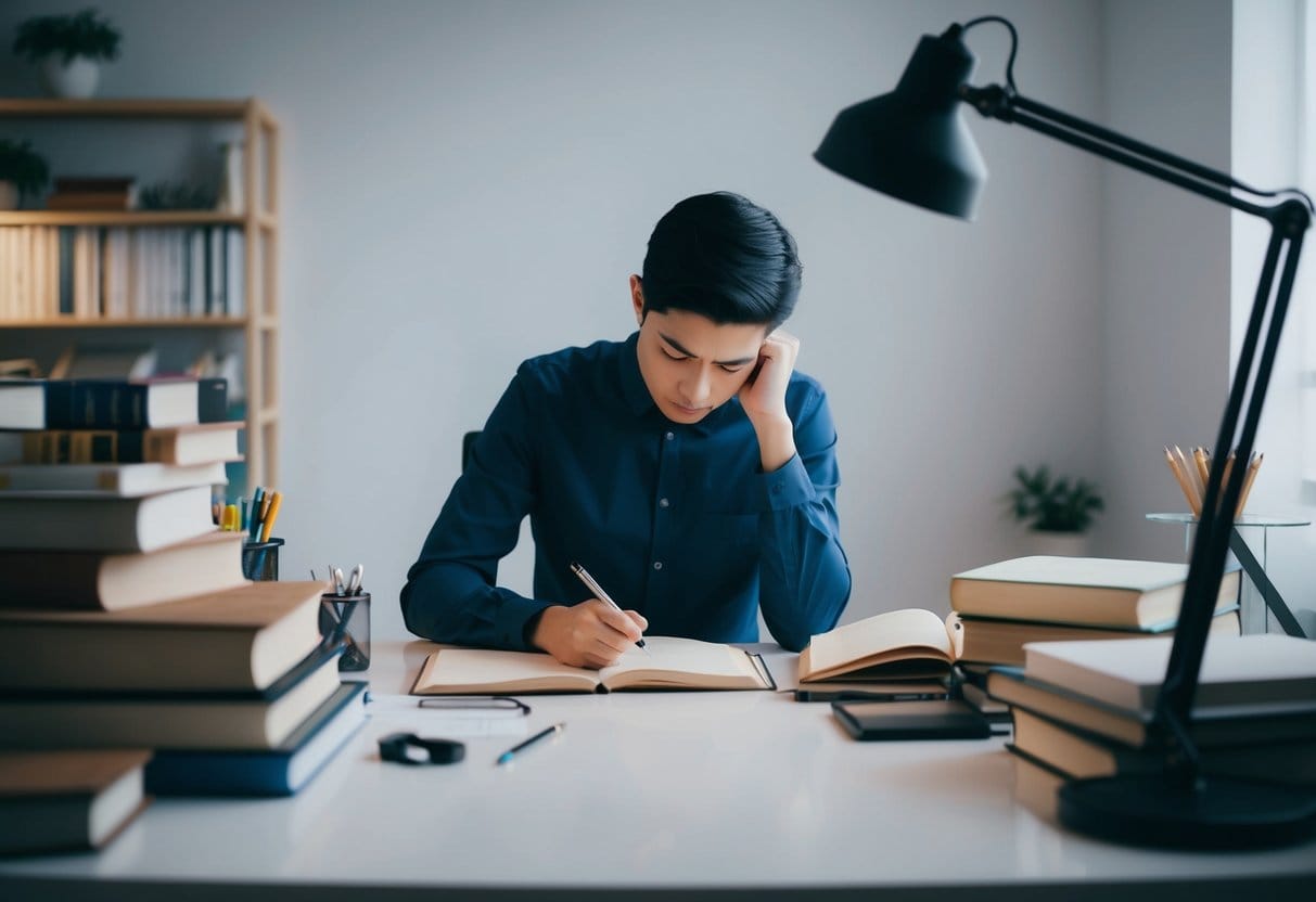 A serene, clutter-free workspace with a solitary figure engrossed in deep concentration, surrounded by books and writing materials