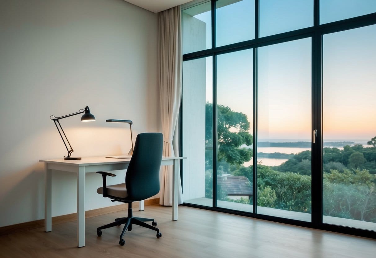 A serene, clutter-free workspace with a single desk, a comfortable chair, and a large window overlooking a peaceful natural setting