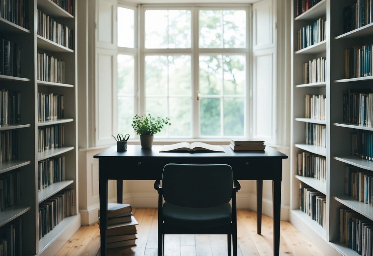 A serene study room with a solitary desk bathed in natural light, surrounded by shelves of books and a peaceful atmosphere conducive to deep work