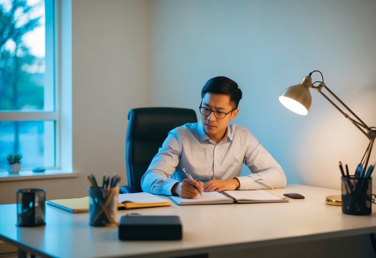 A serene study space with minimal distractions, a clutter-free desk, and a focused individual engaged in deep work
