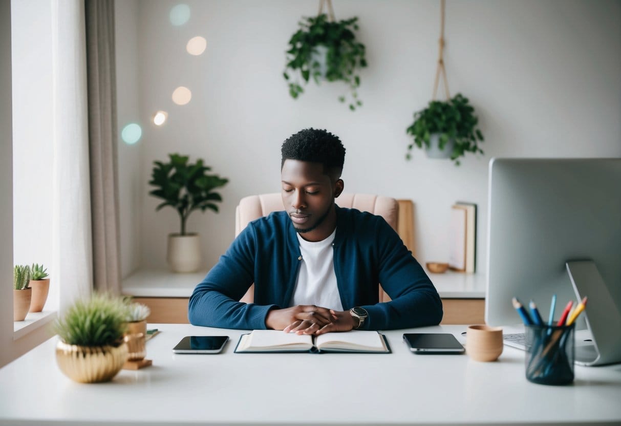 A serene workspace with minimal distractions, a cozy desk, and a focused individual engaged in deep work