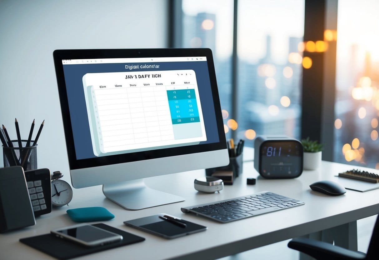 A modern desk with a digital calendar app open, surrounded by various time-blocking tools and productivity gadgets