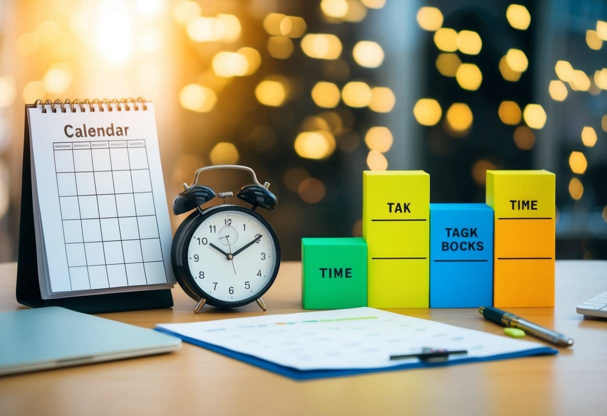 A clutter-free desk with a calendar, clock, and various colored blocks representing different tasks and time slots
